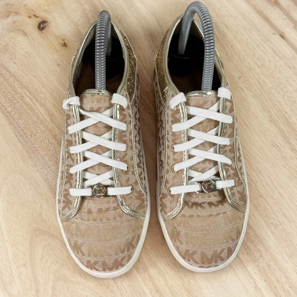 Michael Kors Cali Starla 2‎ Logo Jacquard Glitter Sneakers Tan Gold 3 Big Kids